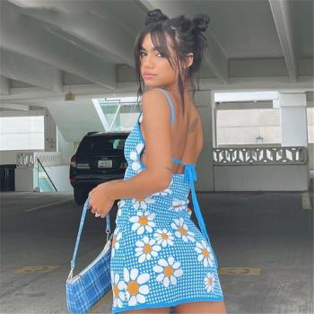 Summer suspender print revealing backpack hip sexy skirt短裙