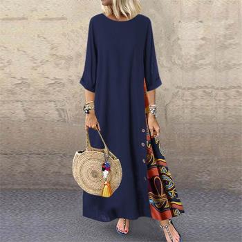 O Neck 3/4 Sleeve Side Buttons Printed Loose Long Dress