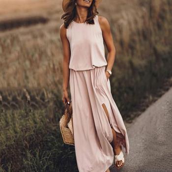 Slit Maxi Dresses Female O-Neck Loose Tank Dress Sundress