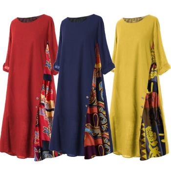 O Neck 3/4 Sleeve Side Buttons Printed Loose Long Dress