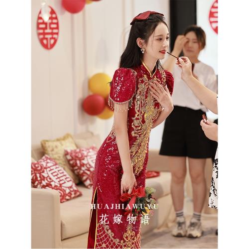 中式旗袍敬酒服酒紅色2026新款結婚訂婚禮服出閣連衣裙春夏秀禾服