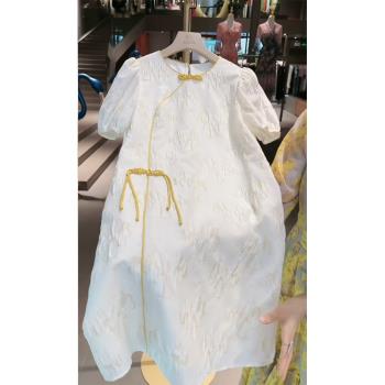 天媺新中式民國風小洋裝改良旗袍海邊度假白色提花盤扣連衣裙夏季