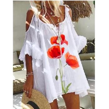 Summer new casual printed off-the-shoulder loose lace-up top