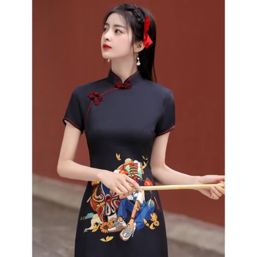 琳湘漫國潮日常改良2025新款中國風年輕款顯瘦黑色旗袍少女連衣裙