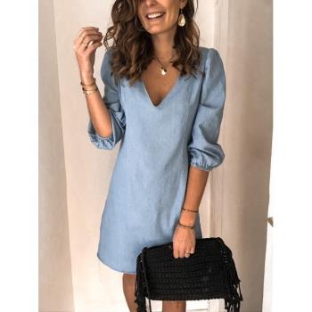 Solid Color V-Neck Casual Loose Cotton Linen Dress Womens