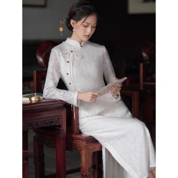 新款中式白色針織羊毛連衣裙蕾絲