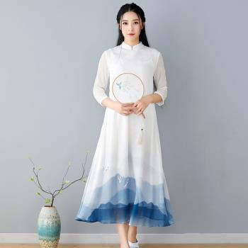 夏季新款中國風復古女裝山水畫印花新式漢服改良旗袍連衣裙