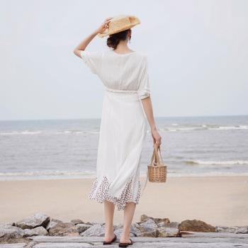 旅行白色女仙氣質收腰顯瘦沙灘裙