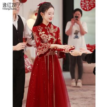 中式新娘敬酒服旗袍高級感2022新款晚禮服冬季長款孕婦連衣裙訂婚