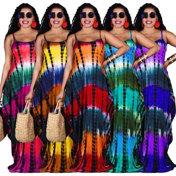 Summer Tie-Dye Print Loose Slip Dress Maxi Dress With Pocket