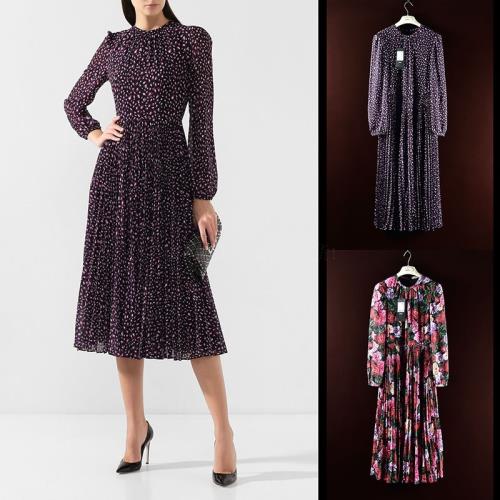 德國淑女通勤修身印花百褶中長裙