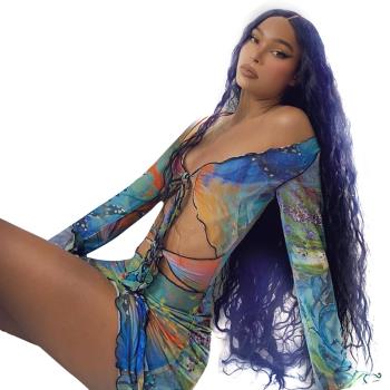 Summer Multicolor Print Sheer Navel Long Sleeve Dress