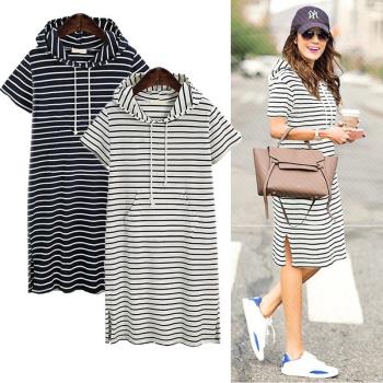 plus-size Summer hooded striped Casual dress for women連衣裙