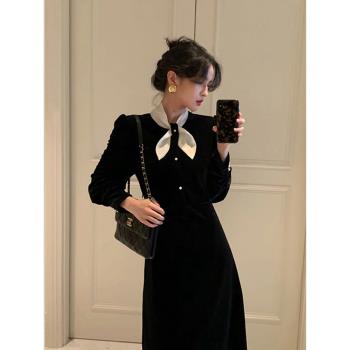 小黑裙赫本法式絲絨領帶連衣裙