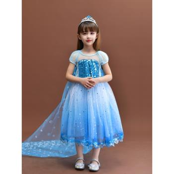 女童愛莎公主裙薄款冰雪奇緣夏季新款兒童亮片艾莎連衣裙正版禮服