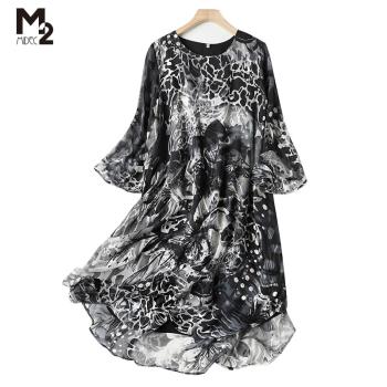 M2連衣裙夏季黑色寬松印花桑蠶絲
