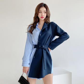 秋裝2022新款韓版女神氣質拼接條紋襯衫裙收腰時尚西裝外套連衣裙