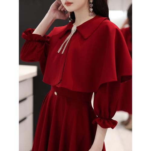 敬酒服新娘孕婦酒紅色平時可穿訂婚連衣裙結婚氣質禮服女結婚回門