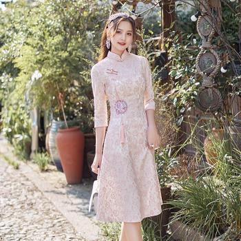 高端氣質年輕款中國風粉色旗袍裙