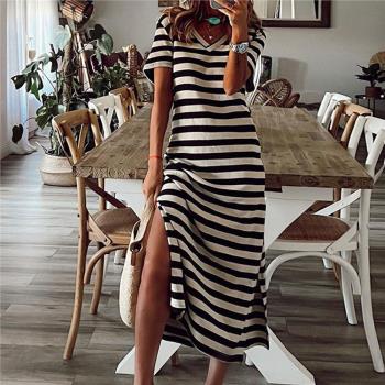 Ladies Short Sleeve Striped Slit Dress女士短袖條紋開衩連衣裙