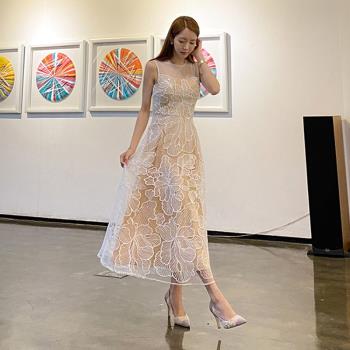 春季韓版網紗刺繡仙女禮服長裙