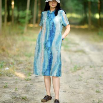 女裝中式苧麻印花立領茶服連衣裙