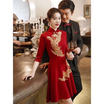 中式冬季紅色小個子訂婚禮服旗袍
