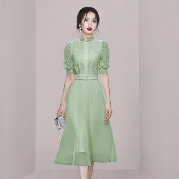 女裝氣質綠色收腰顯瘦百褶裙短袖