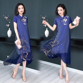 改良旗袍式連衣裙夏季2025新款女裝中國風復古寬松中長款真絲裙子