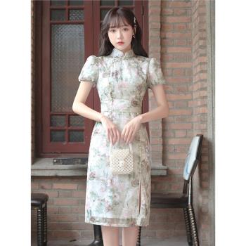 蘇錦21夏季新款雪紡日常穿的少女款顯瘦連衣裙改良立領修身旗袍裙