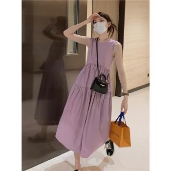 夏季孕婦法式氣質紫色吊帶連衣裙高級感氣質潮媽露背無袖背心長裙