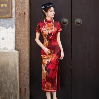 桃源紅色旗袍中式媽媽顯瘦真絲