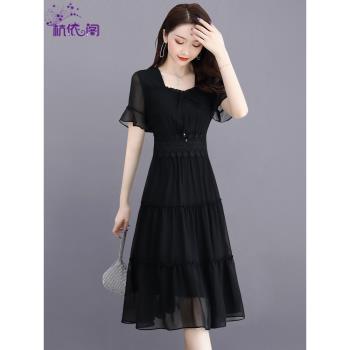 雪紡連衣裙女夏2024年新款高級感修身顯瘦氣質洋氣小個子黑色裙子