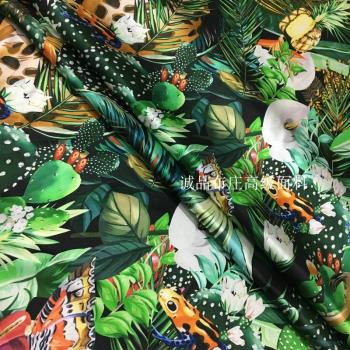 重磅真絲彈力緞面料 D家熱帶森林動植物印花桑蠶絲絲綢連衣裙布料