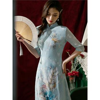 名麗2023年新款仙鶴繡花雪紡年輕改良中國風刺繡旗袍減齡女連衣裙