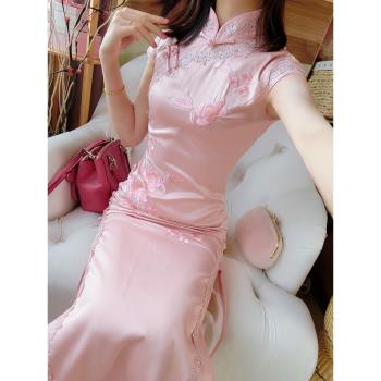 減齡中國風粉色絲綢修身旗袍裙