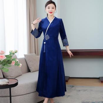 金絲絨連衣裙女高階女人味中國風女裝秋裝漢服改良旗袍茶藝師服裝