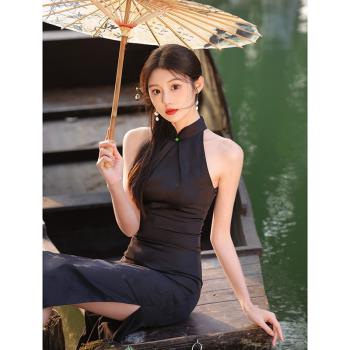 旗袍夏季性感黑色連衣裙長款掛脖