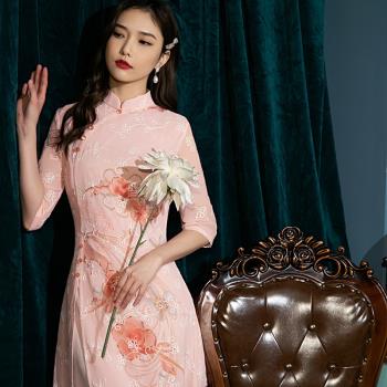 名麗2023年新款夏季中國風刺繡雪紡年輕氣質旗袍顯瘦高級感連衣裙