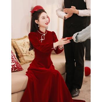 酒紅色改良絲絨冬季回門訂婚旗袍
