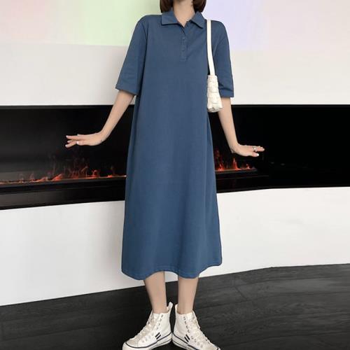韓國純色Polo領t恤裙女夏中長款過膝寬松大碼休閑懶人連衣裙長裙
