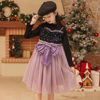 女童公主紫色長袖網紗拼接連衣裙