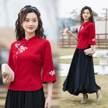 二件套紅色唐裝中國風漢服女民族風繡花古裝日常連衣裙子旗袍上衣