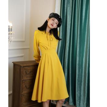黃色法式復古顯瘦長袖甜美連衣裙