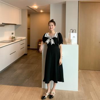 孕婦裝連衣裙舒適海軍領設計韓版時髦設計領黑色顯瘦短袖連衣裙夏