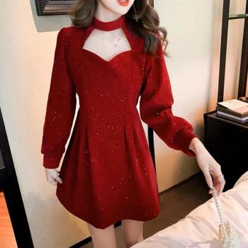 圣誕紅色絲絨連衣裙冬季新款加絨小眾設計感氣質年會禮服短裙女裝