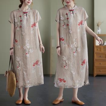 苧麻夏季復古立領中式印花連衣裙
