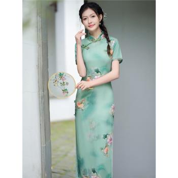 名麗綠色長款日常修身改良旗袍2025年春夏新款國風顯瘦復古連衣裙