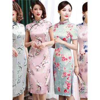 名麗莎絲綢蕾絲邊中長款2024新款老上海改良旗袍中國風修身連衣裙