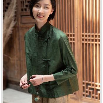 中國風墨綠色襯衫早秋款復古盤扣